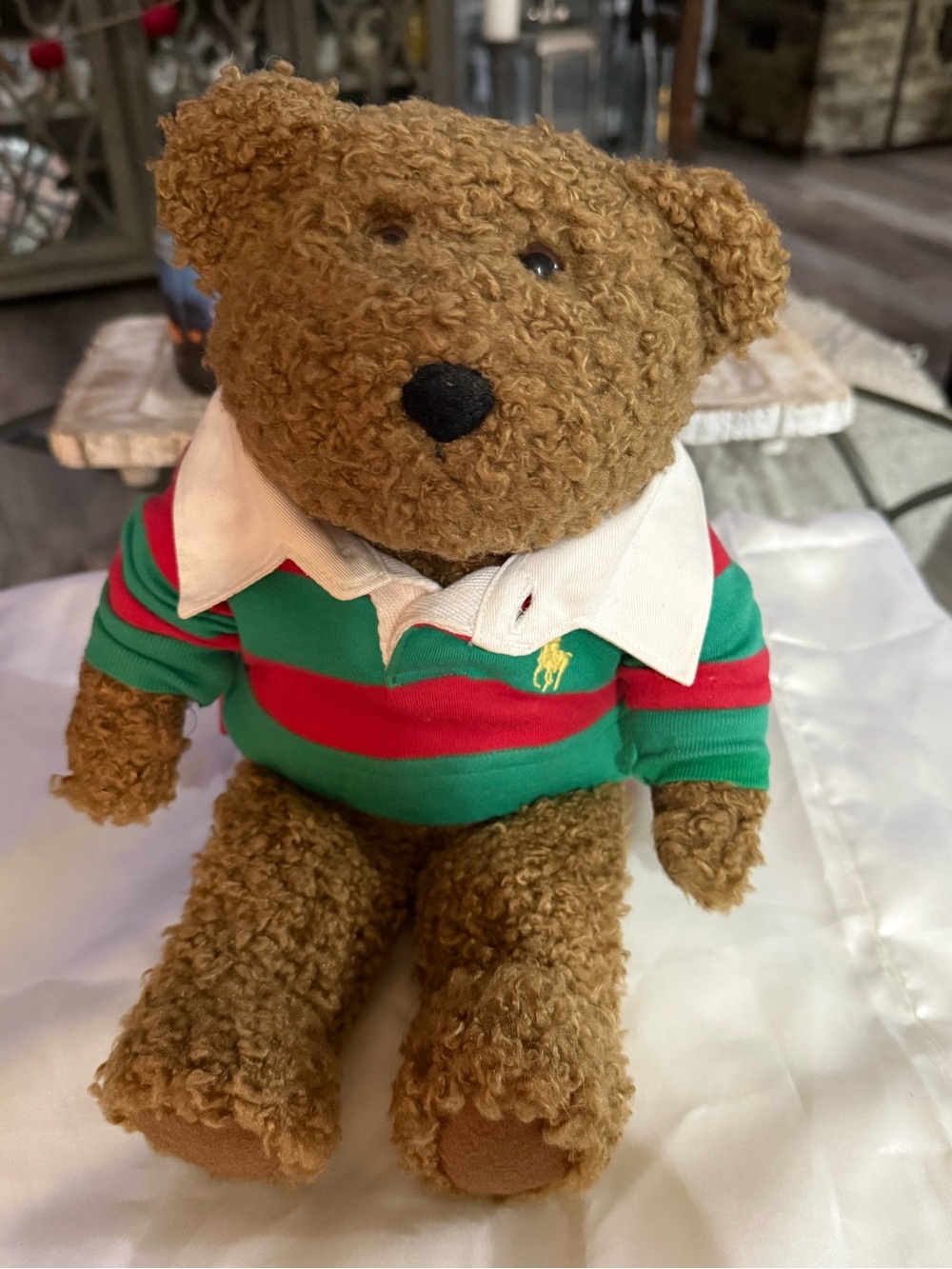 Ralph Lauren Brown Teddy Bear in Green & Red Striped Polo